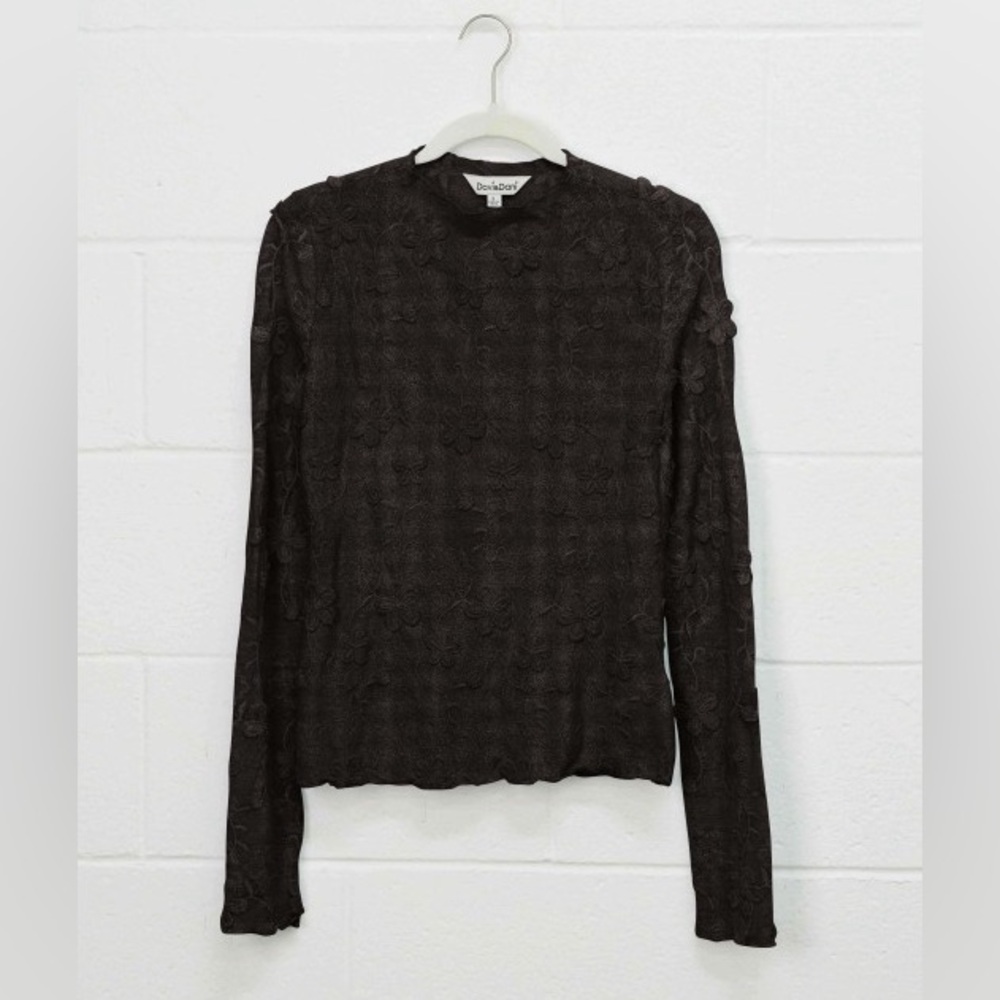 🟠421B. Floral Embroidered Mock Neck Mesh Top- BLACK